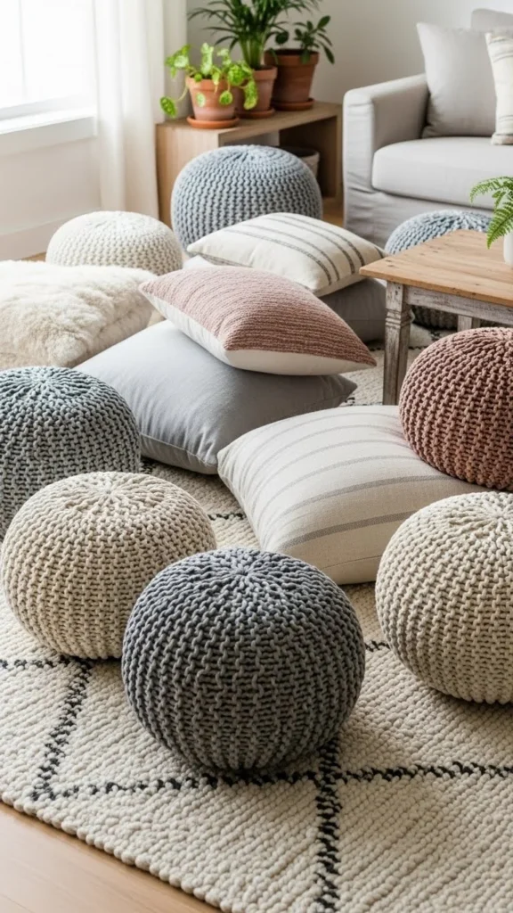 10. Add Thick Knit Poufs or Floor Pillows