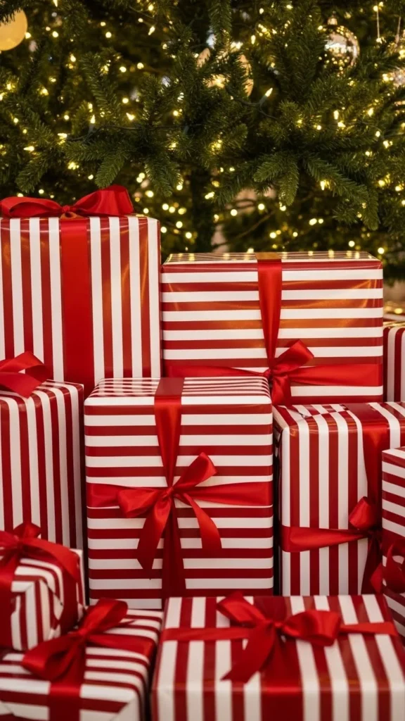 13. Red Striped Gift Boxes Under the Tree