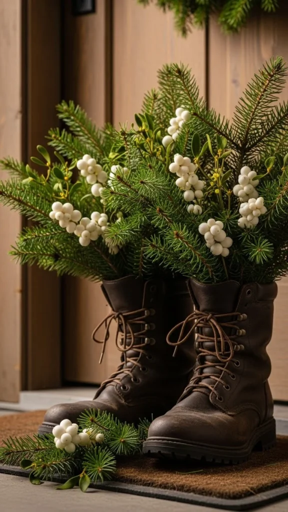 14. Winter Boots Filled With Greenery