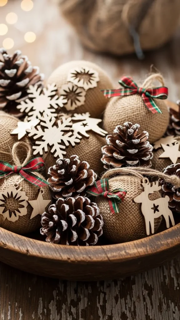 16. Display Rustic Ornaments in a Bowl
