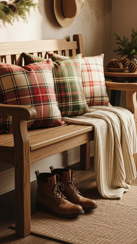 2. A Warm Bench With Holiday Pillows