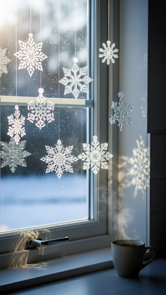 23. Hanging Snowflake Ornaments in the Window