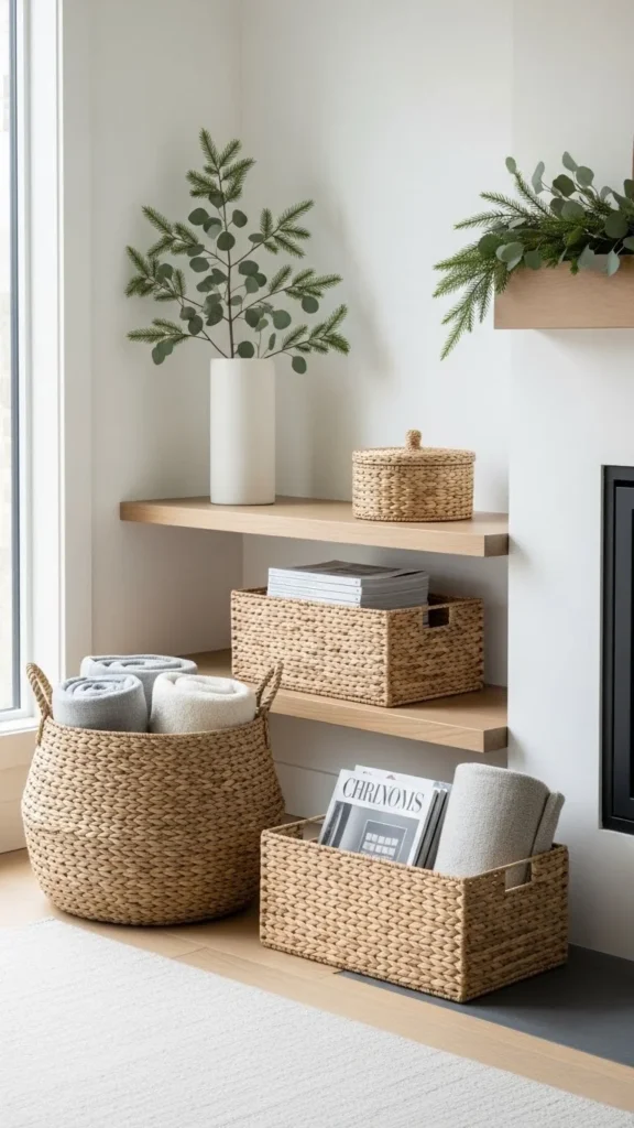 26. Hide Clutter in Baskets