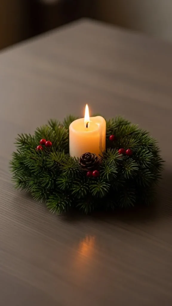 3. Mini Evergreen Wreath Around a Candle