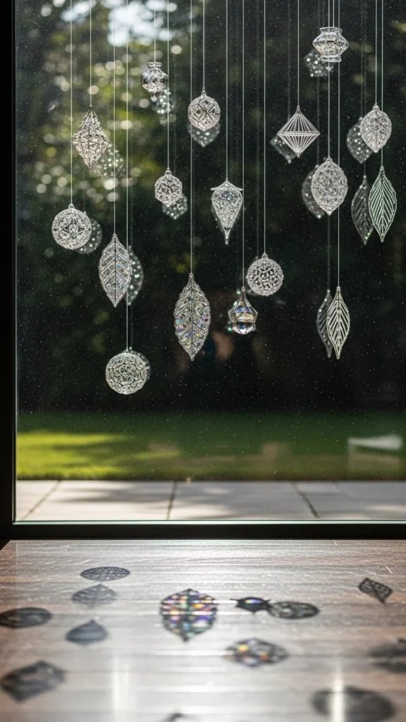 5. Window Sparkle with Hanging Ornaments