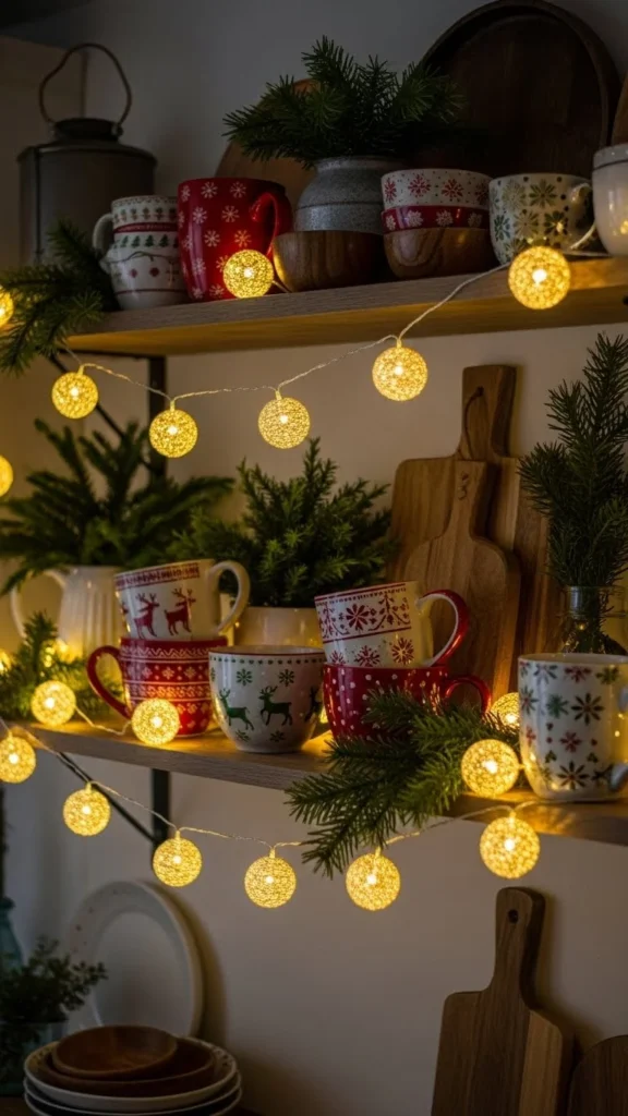 6. Warm Fairy Lights Along Open Shelves